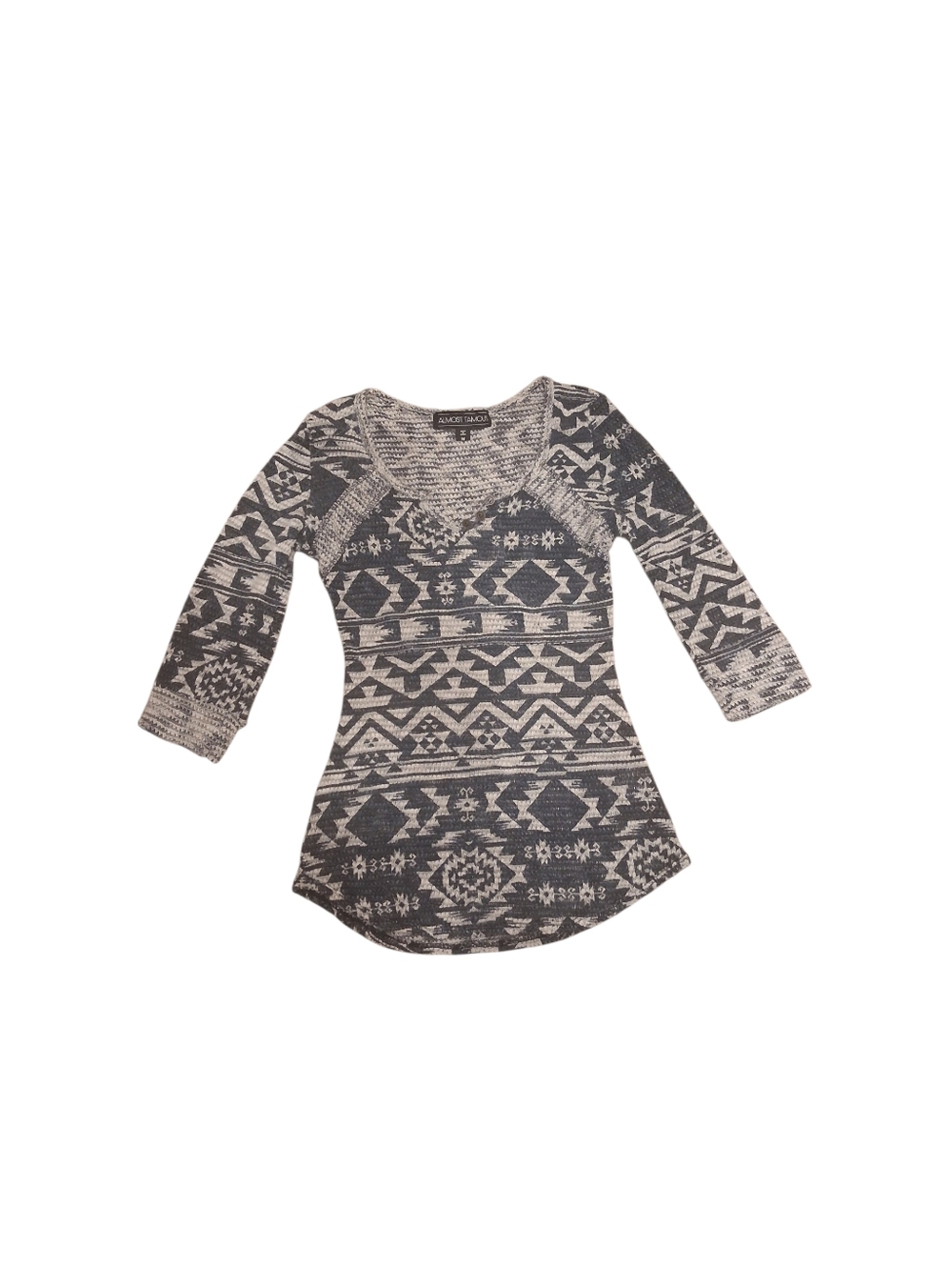 Almost Famous Blue and White Aztec Scoop Neck And 3/4 Sleeve Top